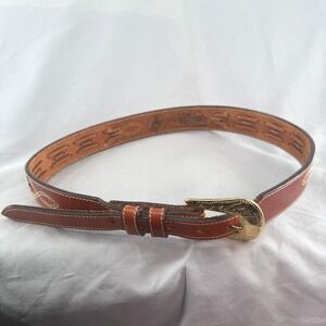 Vintage Larry Mahan Leather Belt Gold Engraved Buckle Woven Stitch 28 56111